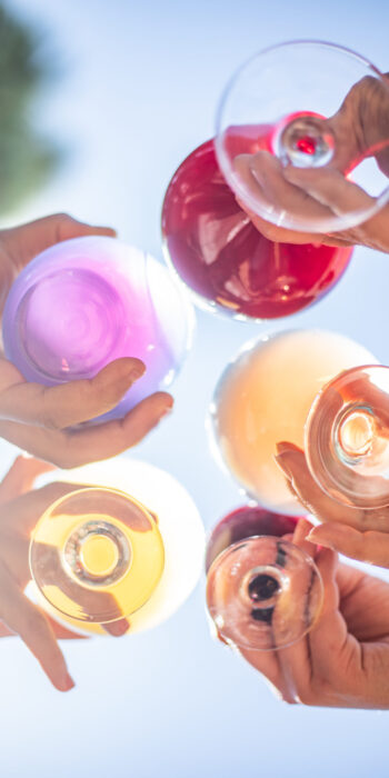Glasses with different beverages being held up in the sun